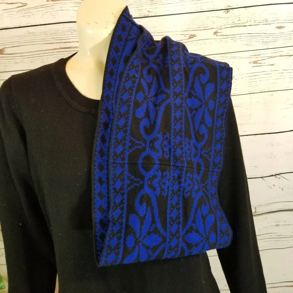Studio Works Tunic Sweater L Black Blue Damask Scarf Set Long Sleeve - Picture 11 of 11